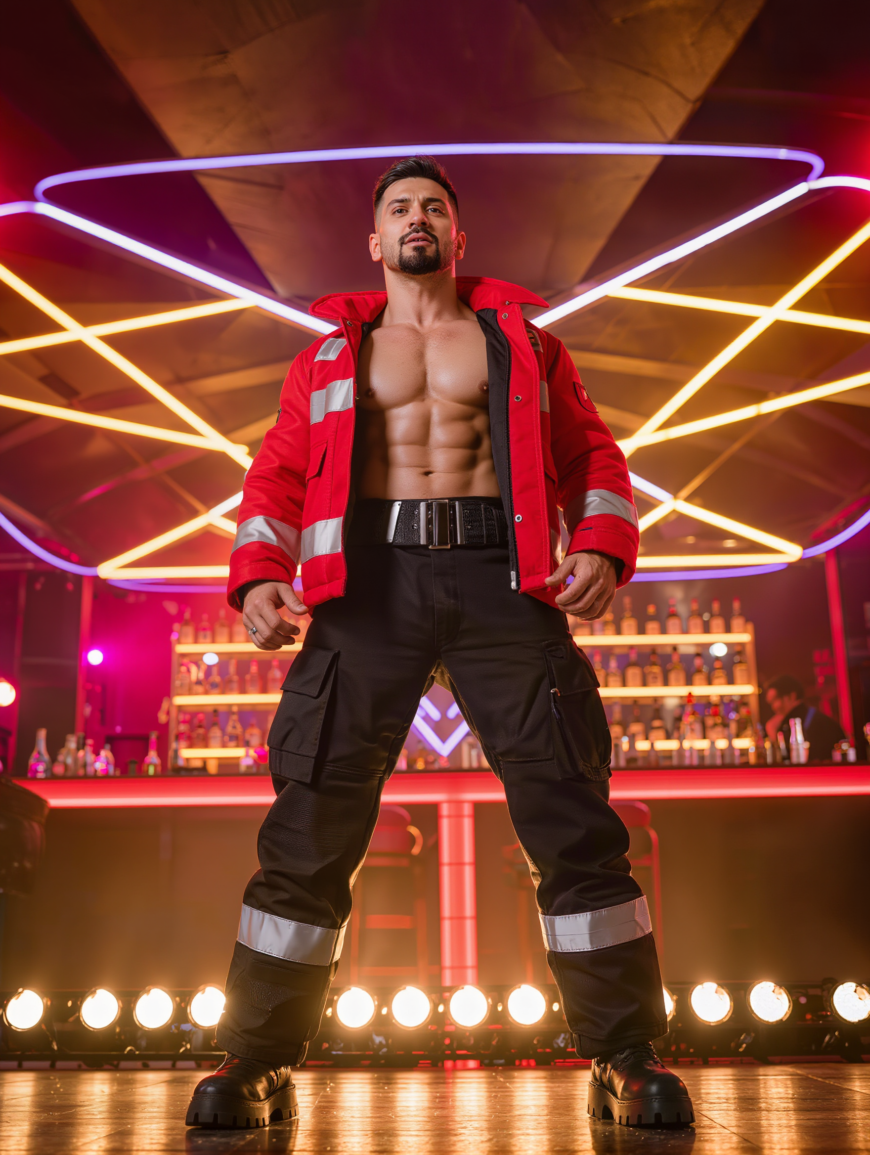 Fireman male revue performer entertaining women in NYC