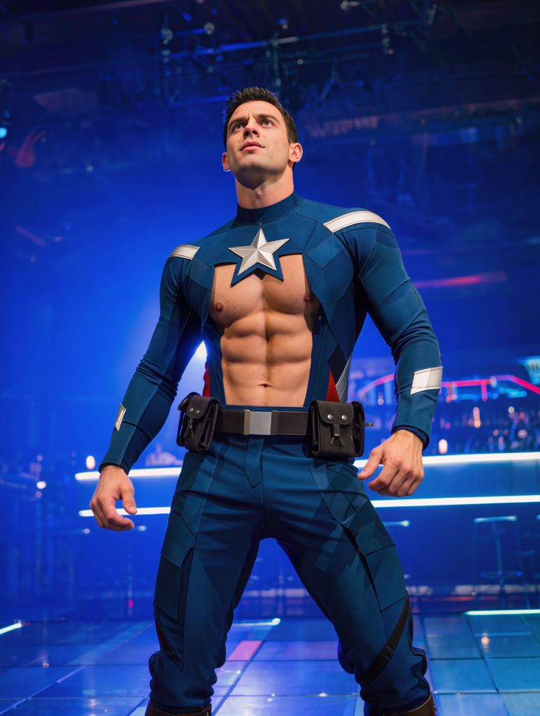 Superhero male stripper performing at Men of Legends male revue show in New York City