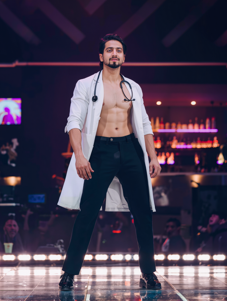 Doctor male stripper performing at Men of Legends male revue show in New York City